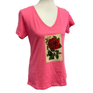 New Hand Printed Womens Large Vintage Book Page Red Rose Flower V-Neck Tee Top